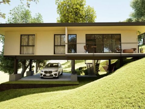 Render de la fachada posterior de la casa en Villas del Café