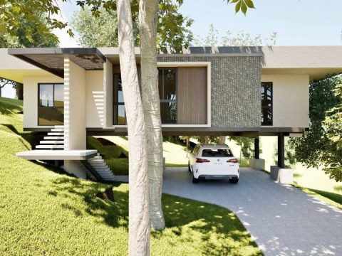Render de la fachada frontal de la casa en Villas del Café