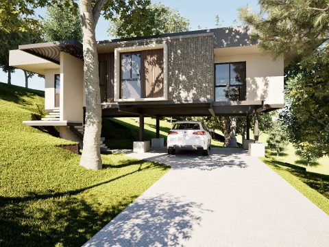 Render de la fachada frontal de la casa en Villas del Café, con cochera bajo la vivienda